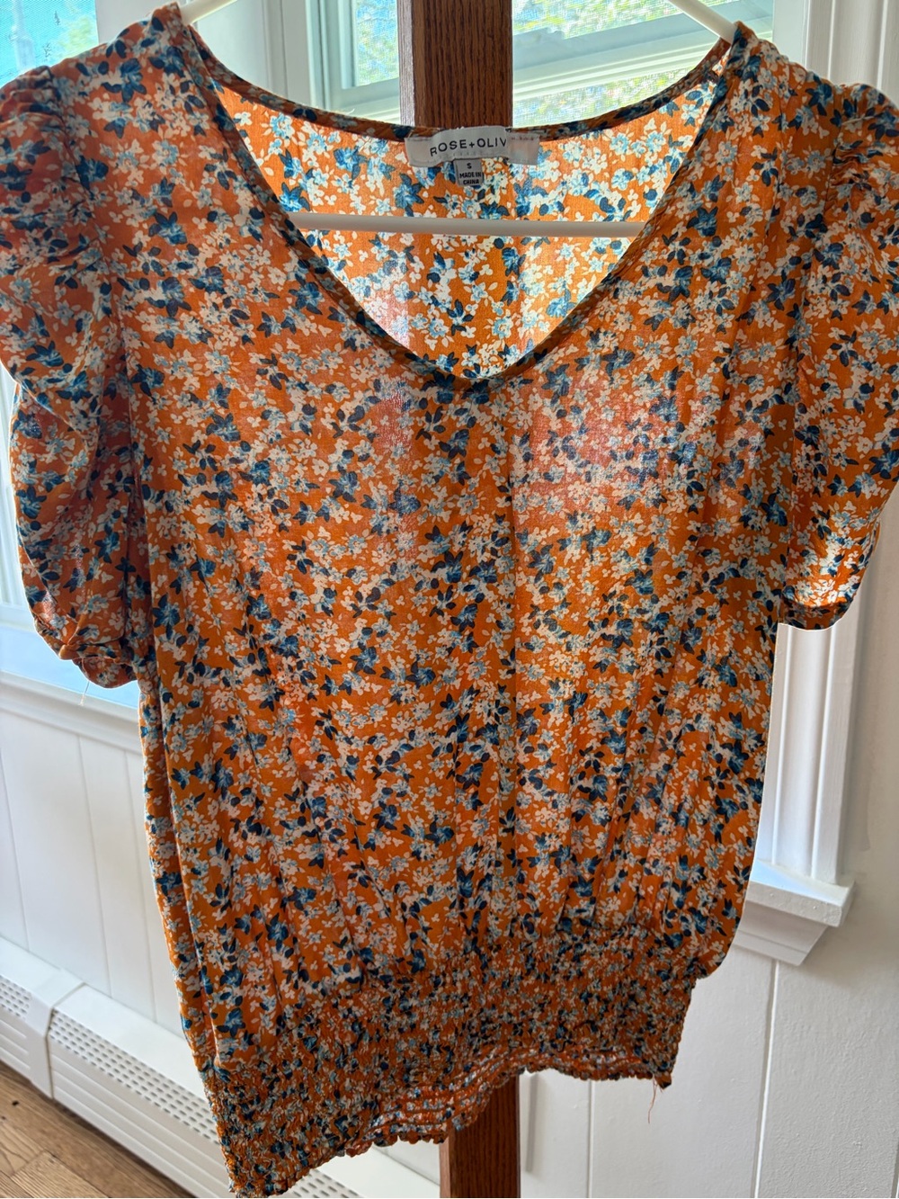 Rose & Olive Orange Floral V-Neck Smocked-Hem Blouse
